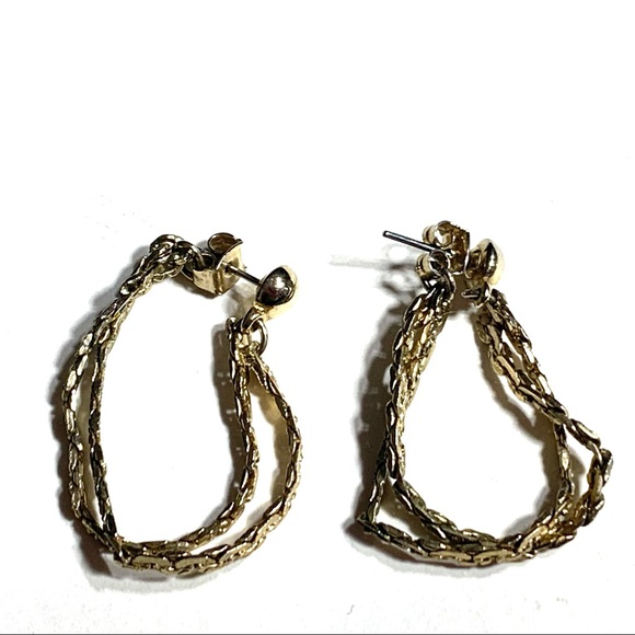 Double Twisted Herringbone Chain Hoop Front Back Earrings Gold Tone Pierced Ears - Picture 2 of 6